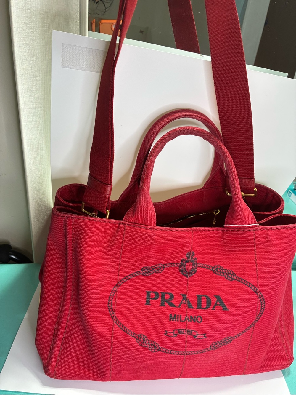 Prada Red Canvas Tote with Logo Print